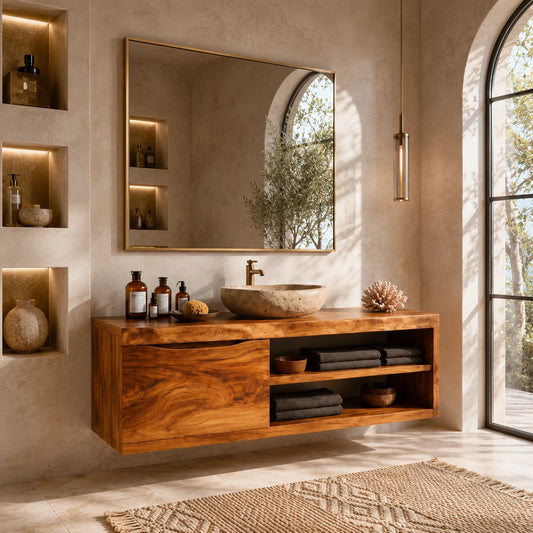 Single Door Bathroom Vanity Cabinet in Natural Solid Wood With Open Shelves - ArborisWood