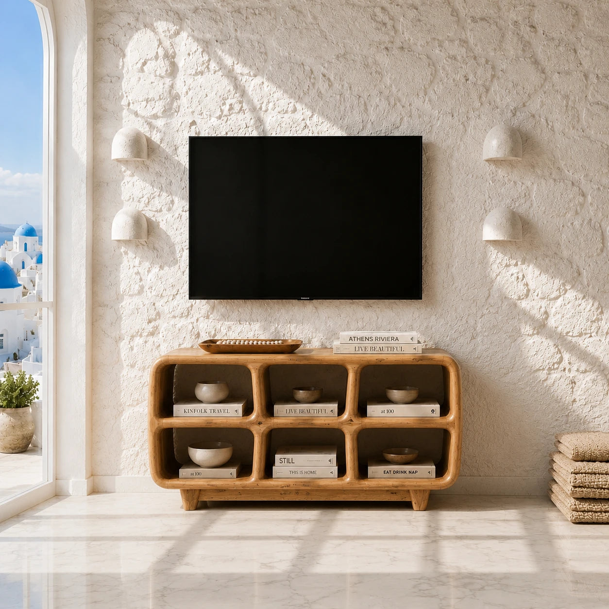 Six Compartment Solid Wood TV Stand with Tiered Open Shelving for Living Rooms - ArborisWood - 11