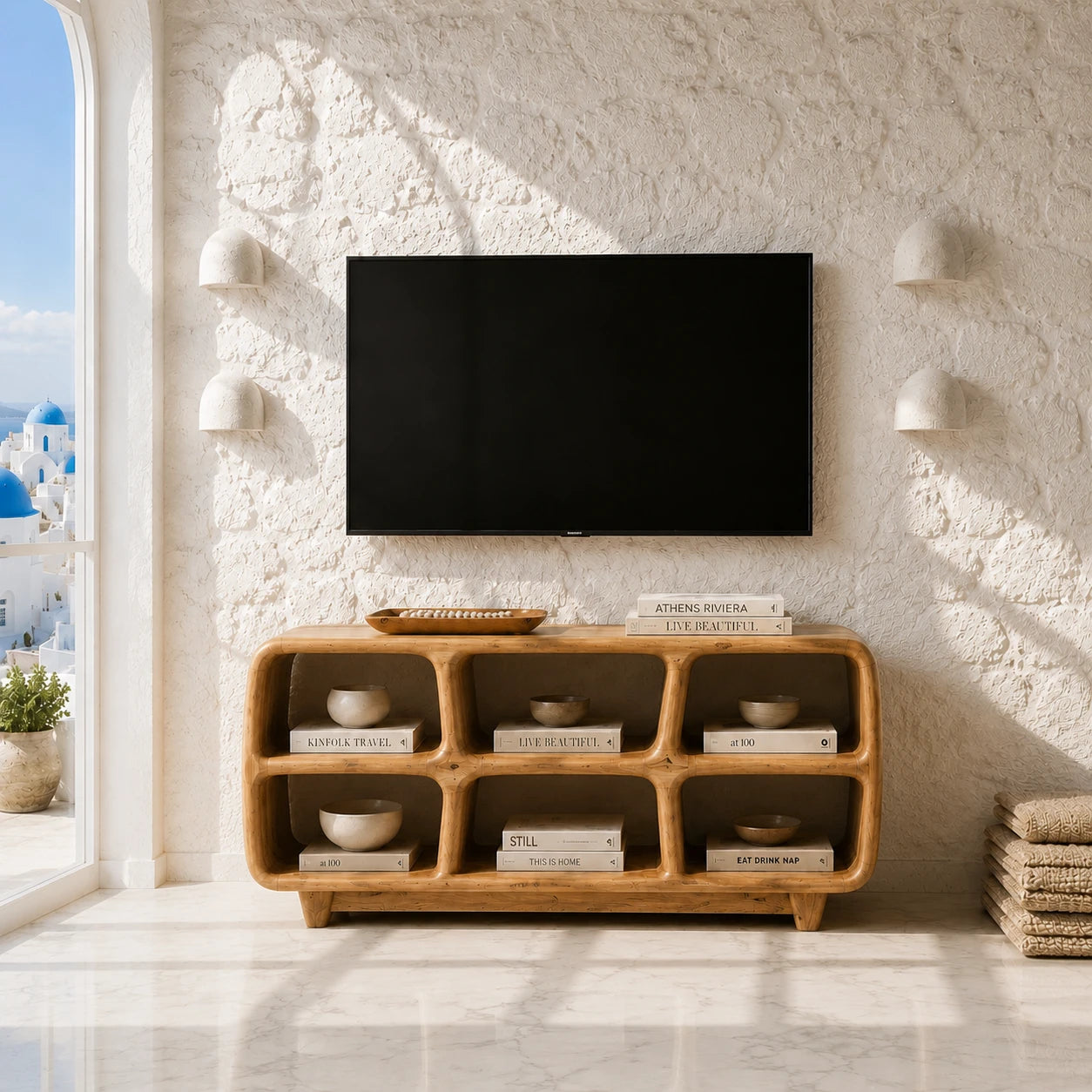 Six Compartment Solid Wood TV Stand with Tiered Open Shelving for Living Rooms - ArborisWood - 12