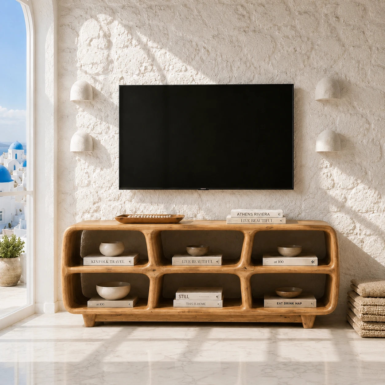 Six Compartment Solid Wood TV Stand with Tiered Open Shelving for Living Rooms - ArborisWood - 13