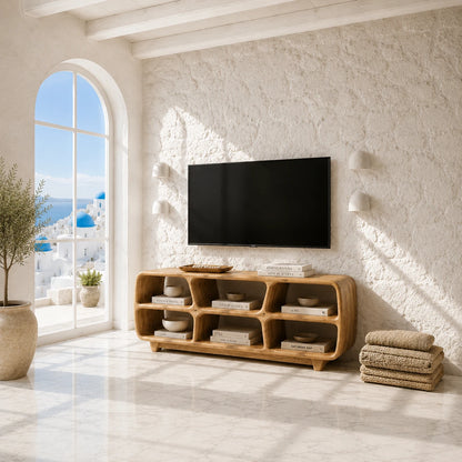 Six Compartment Solid Wood TV Stand with Tiered Open Shelving for Living Rooms - ArborisWood - 2