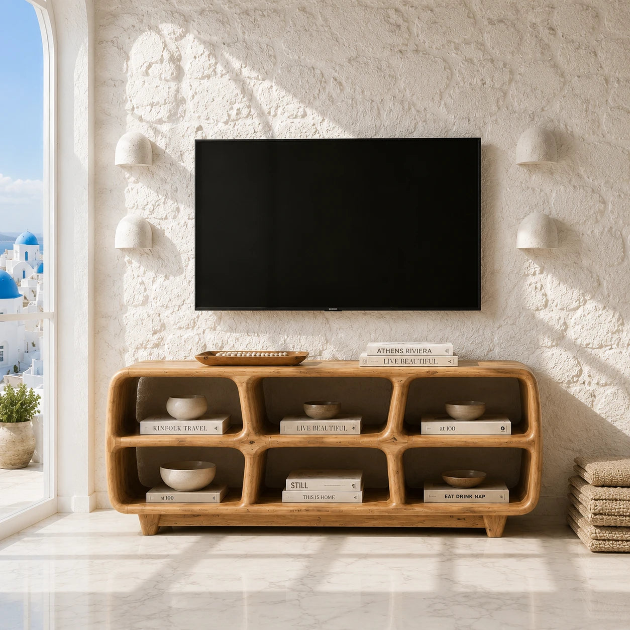 Six Compartment Solid Wood TV Stand with Tiered Open Shelving for Living Rooms - ArborisWood - 3