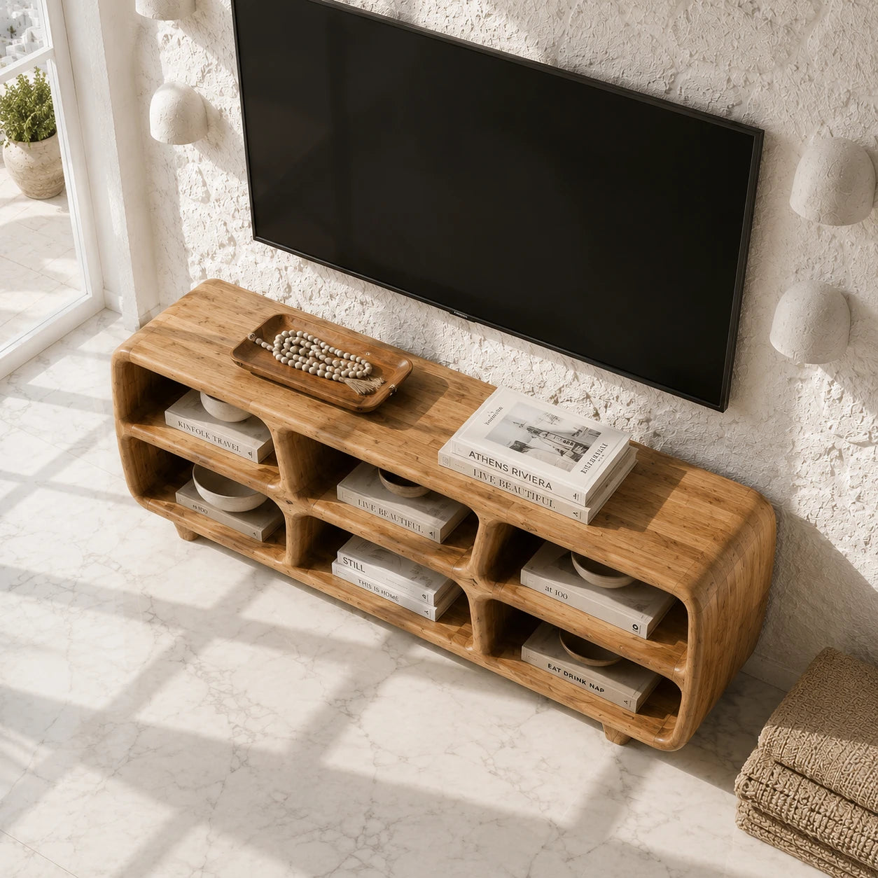 Six Compartment Solid Wood TV Stand with Tiered Open Shelving for Living Rooms - ArborisWood - 5