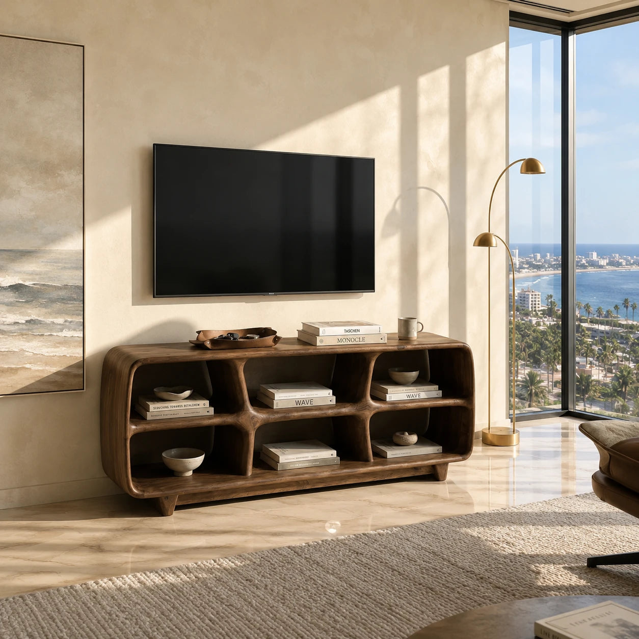 Six Compartment Solid Wood TV Stand with Tiered Open Shelving for Living Rooms - ArborisWood - 6
