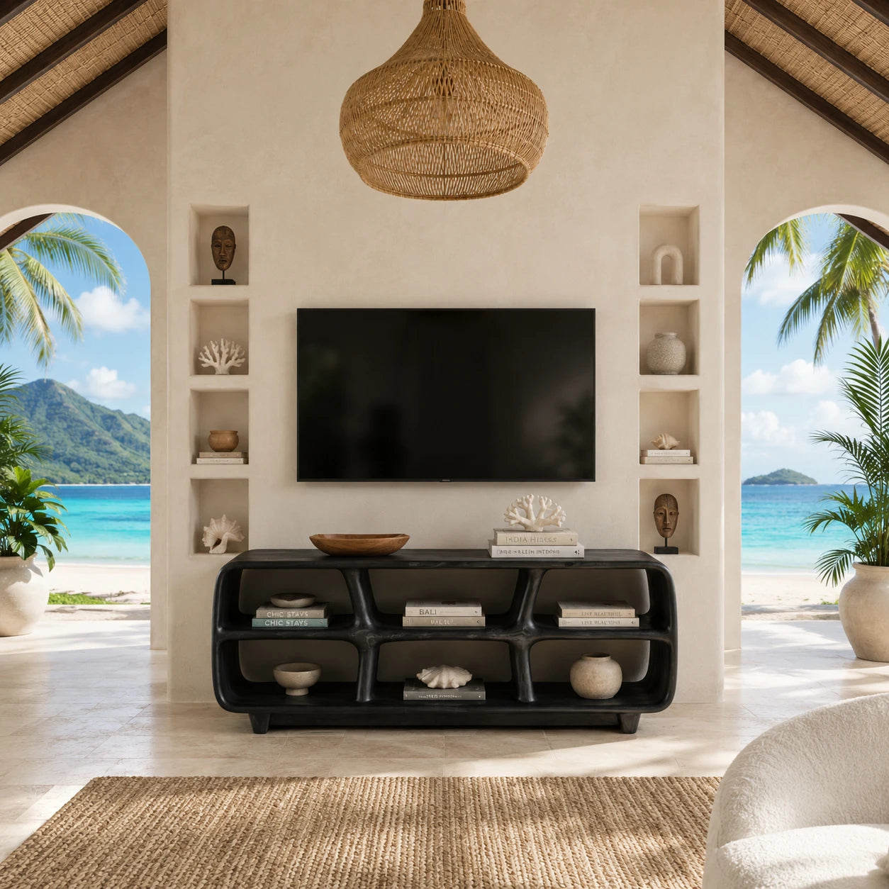 Six Compartment Solid Wood TV Stand with Tiered Open Shelving for Living Rooms - ArborisWood - 8
