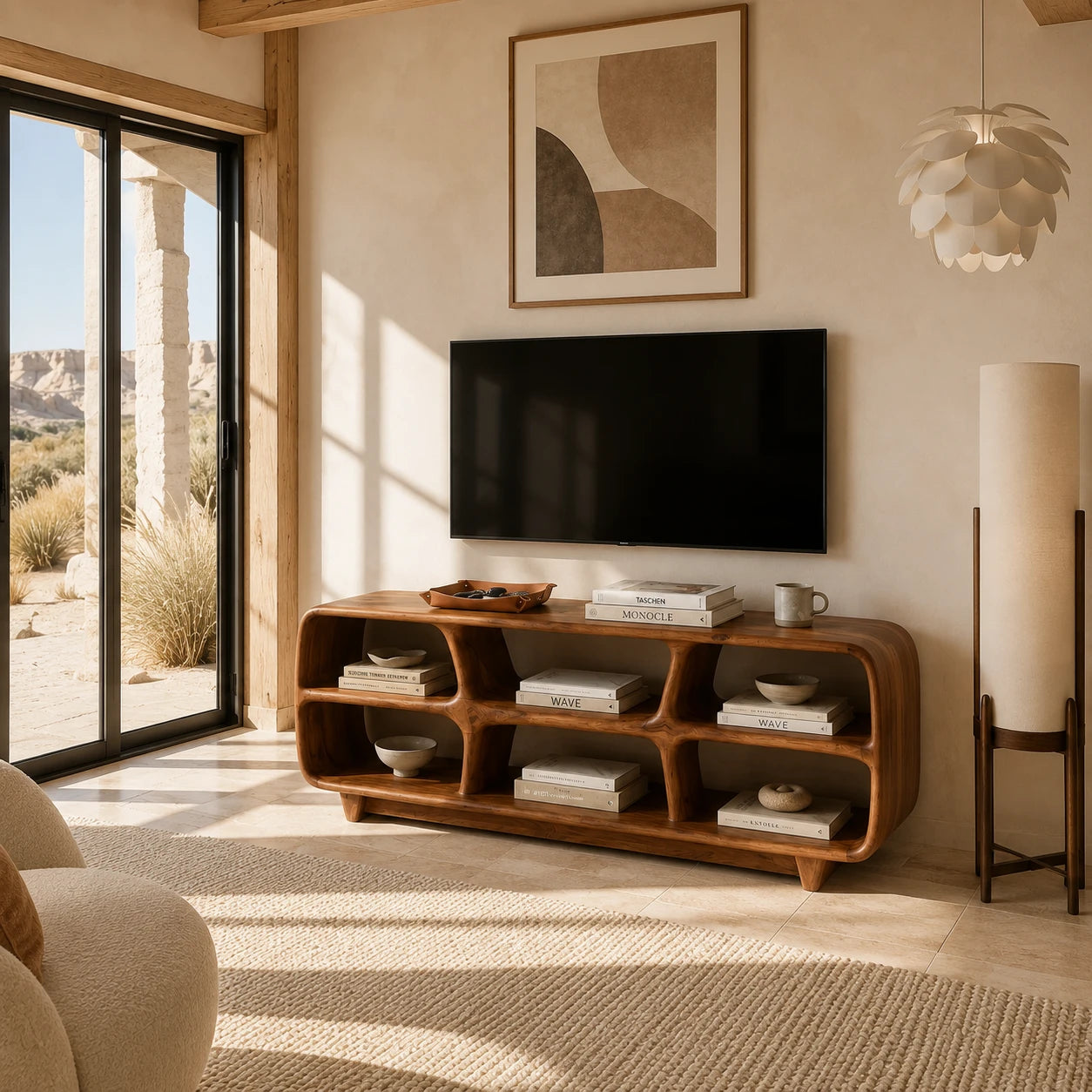 Six Compartment Solid Wood TV Stand with Tiered Open Shelving for Living Rooms - ArborisWood - 9