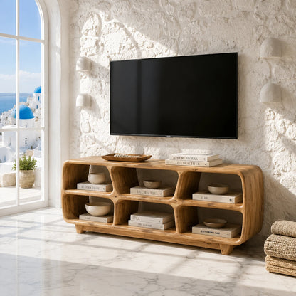 Six Compartment Solid Wood TV Stand with Tiered Open Shelving for Living Rooms - ArborisWood
