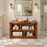 Open framework bathroom vanity in natural solid wood with divided shelves and clean lines