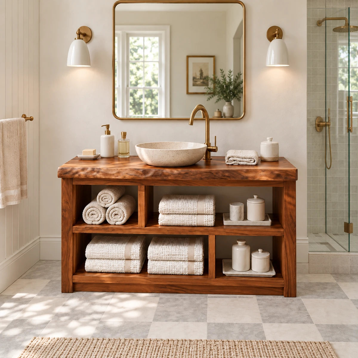 Natural solid wood bath console with symmetrical cubbies and abundant linen storage space