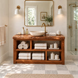 Natural solid wood bath console with symmetrical cubbies and abundant linen storage space