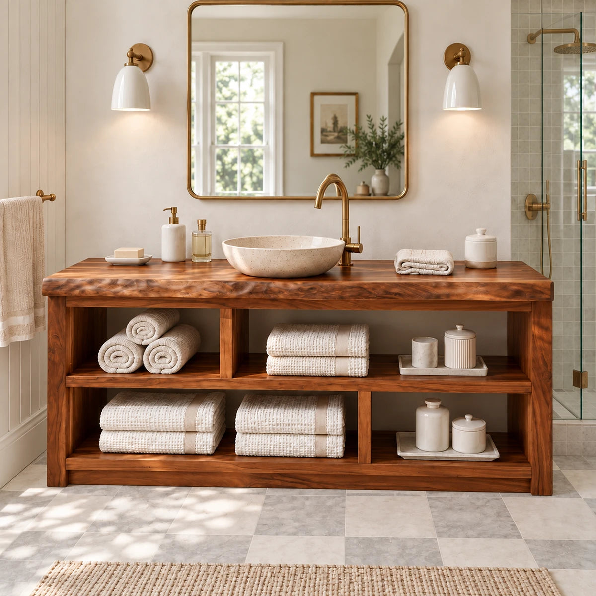 Large bathroom vanity in natural solid wood with open storage compartments across front
