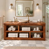 Large bathroom vanity in natural solid wood with open storage compartments across front