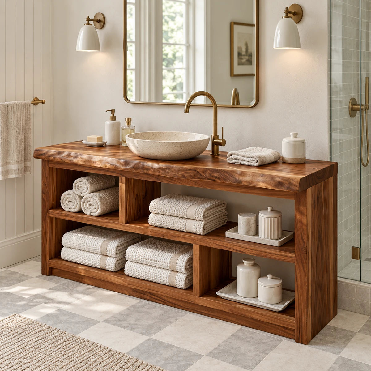 Open storage bathroom vanity in natural solid wood with six towel cubbies and wide top