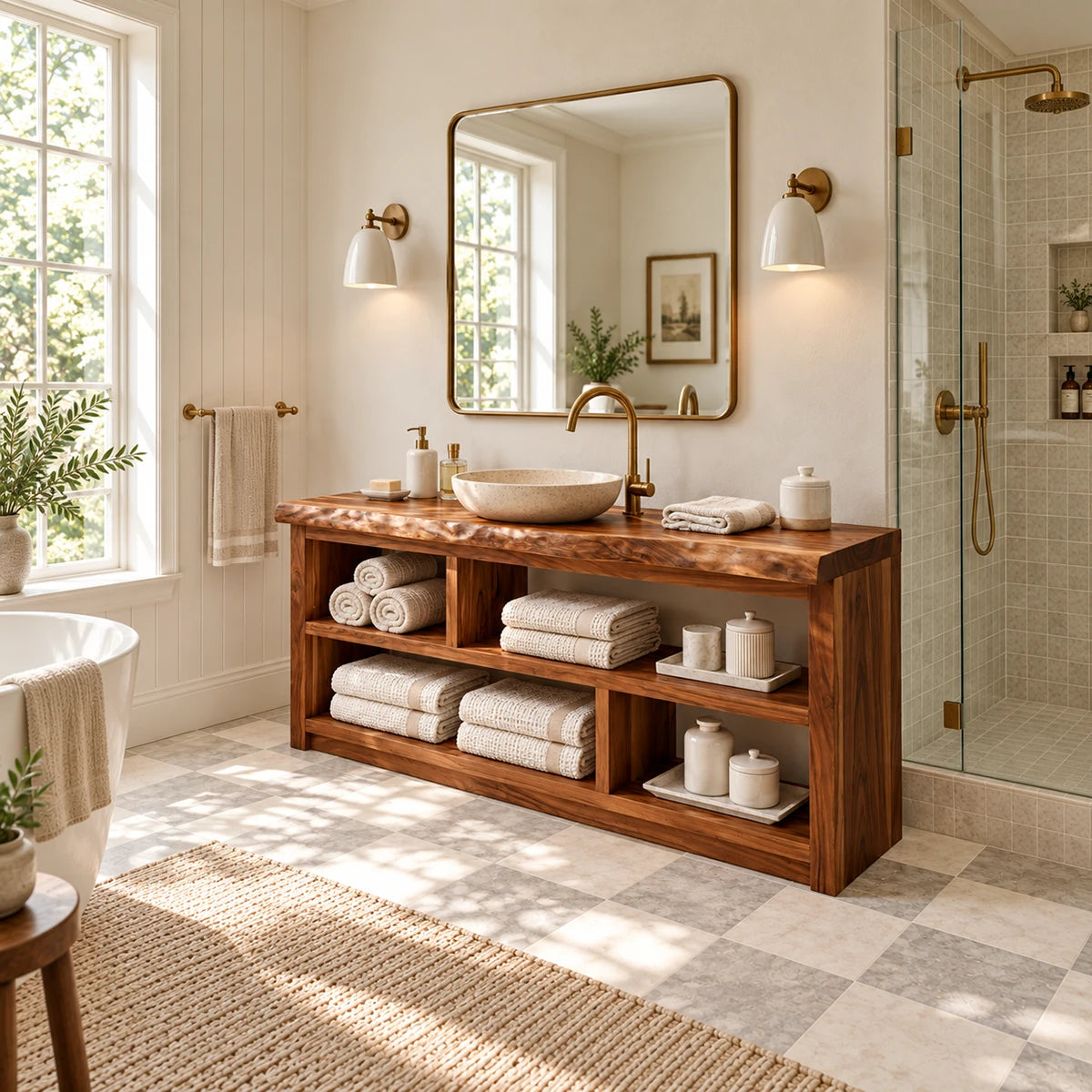 Freestanding bath console in natural solid wood with grid shelving for towels and decor