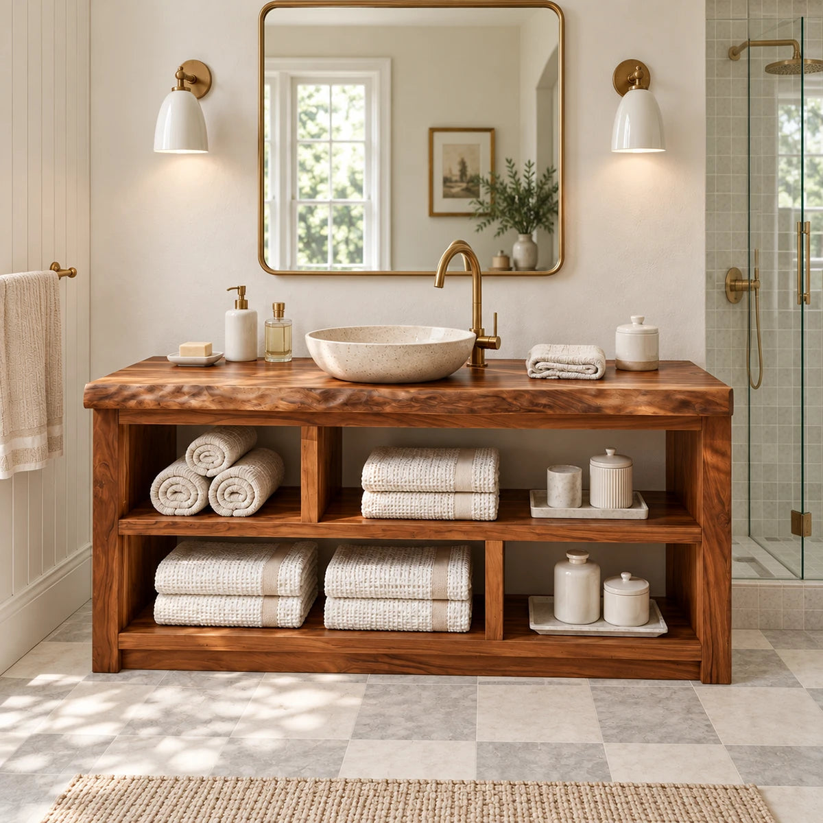 Six cubby bathroom vanity in natural solid wood with balanced open storage compartments