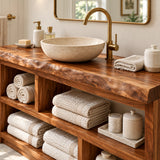 Natural solid wood vanity console featuring two rows of open towel and accessory shelves