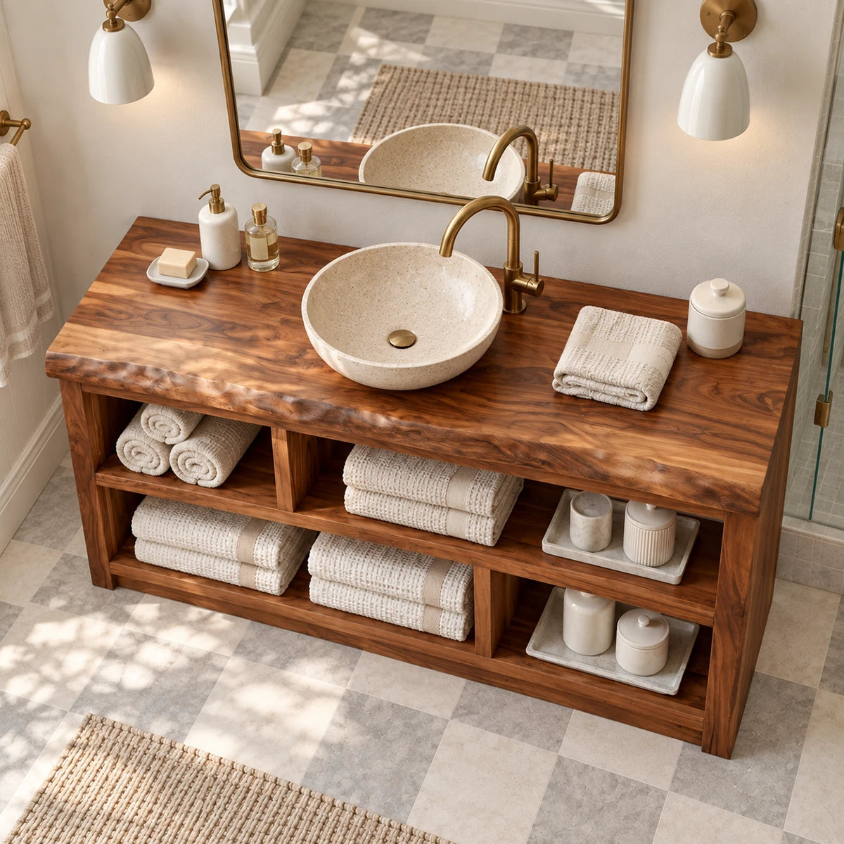 Utility bath vanity in natural solid wood with generous open shelving across the front