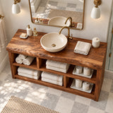 Utility bath vanity in natural solid wood with generous open shelving across the front