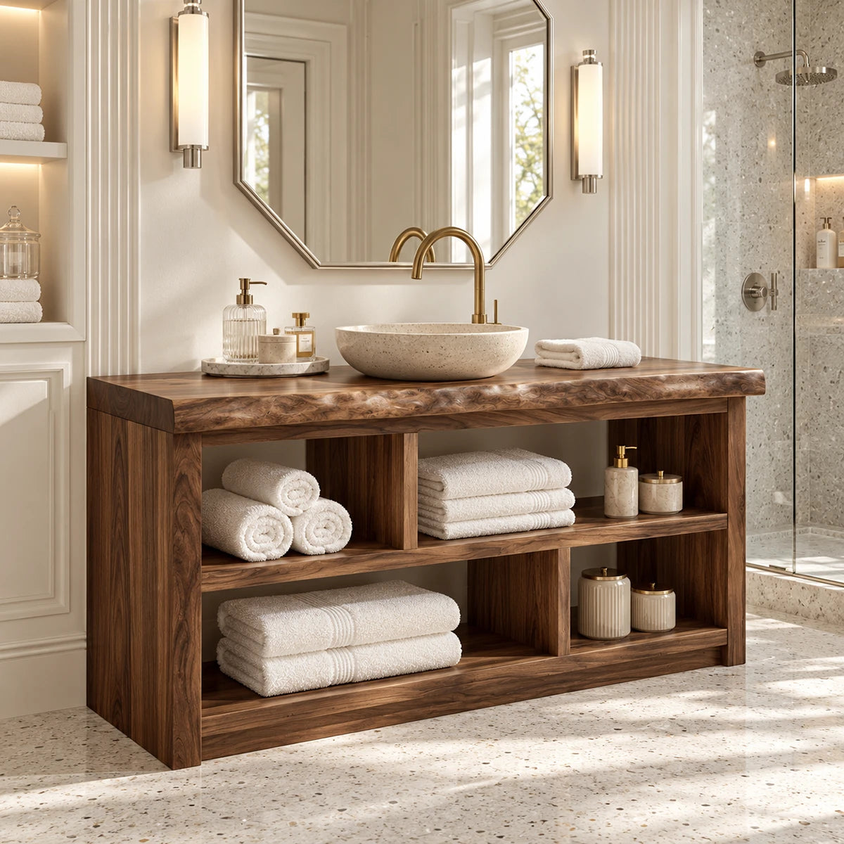 Bathroom storage console in natural solid wood with six compartments for linens and decor
