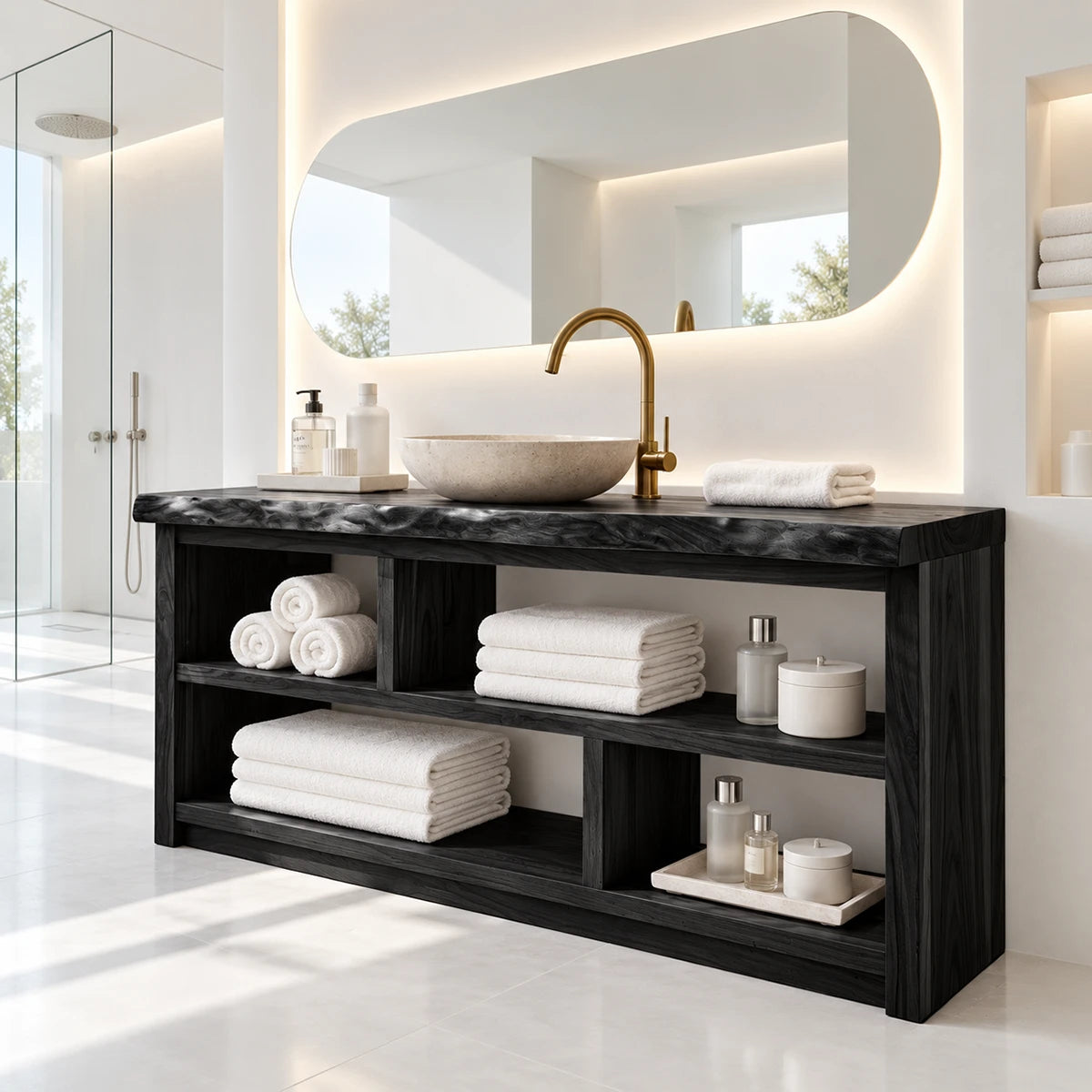 Natural solid wood bathroom furniture with open shelving and divided cubby layout