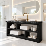 Natural solid wood bathroom furniture with open shelving and divided cubby layout