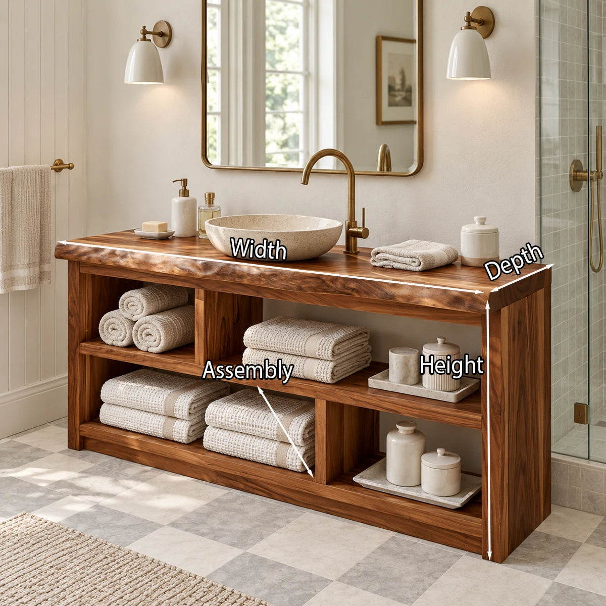 Hotel style bath vanity in natural solid wood with spacious shelves for folded towels