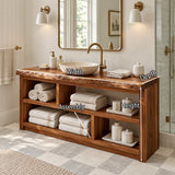Hotel style bath vanity in natural solid wood with spacious shelves for folded towels