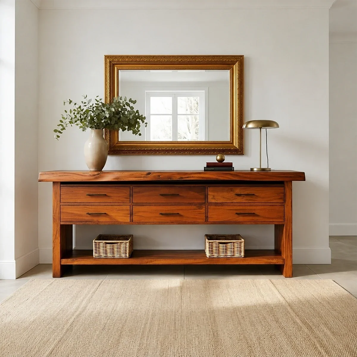 Six Drawer Console Table With Open Shelf in Natural Solid Wood - ArborisWood - 15