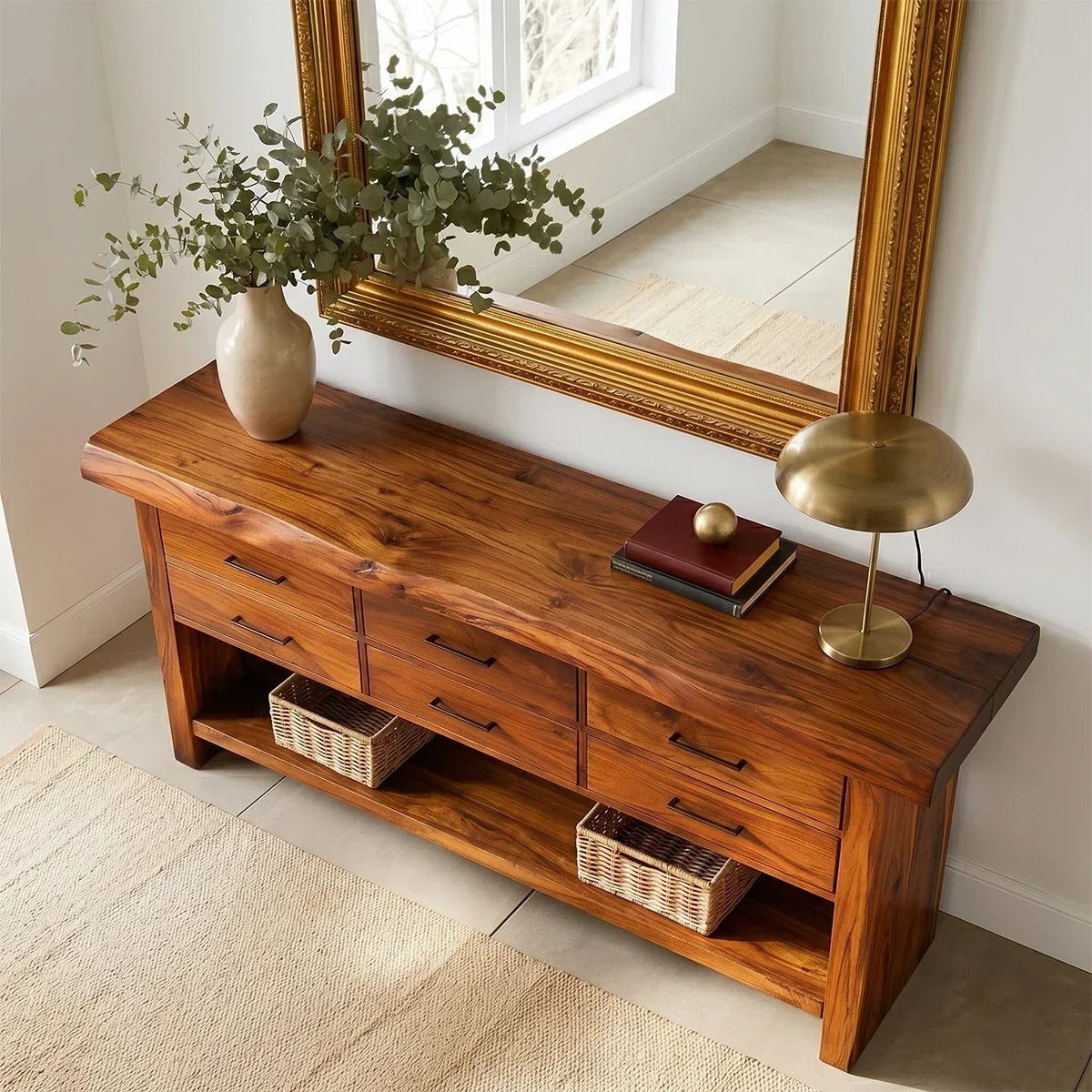 Six Drawer Console Table With Open Shelf in Natural Solid Wood - ArborisWood - 6