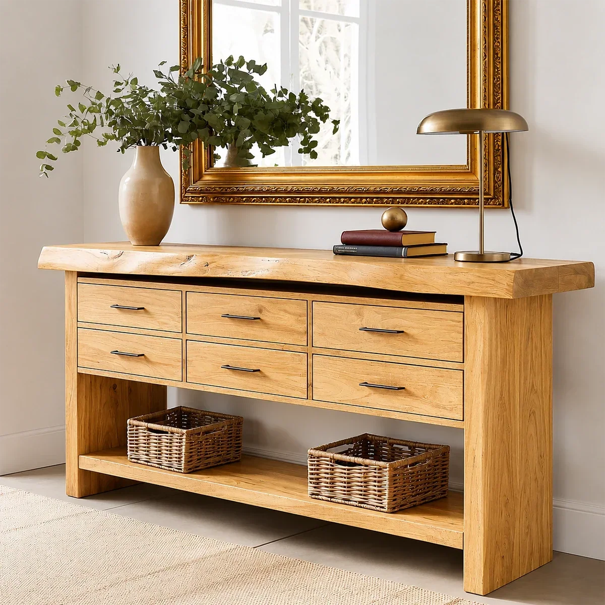 Six Drawer Console Table With Open Shelf in Natural Solid Wood - ArborisWood - 8