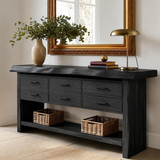 Six Drawer Console Table With Open Shelf in Natural Solid Wood - ArborisWood - 9