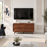 Minimalist TV storage unit in solid wood with six drawers and brass ring details
