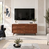 Sleek media chest in solid wood with six drawers and tapered mid century legs style
