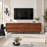 Statement TV console table in solid wood with six drawers and brass ring pulls style
