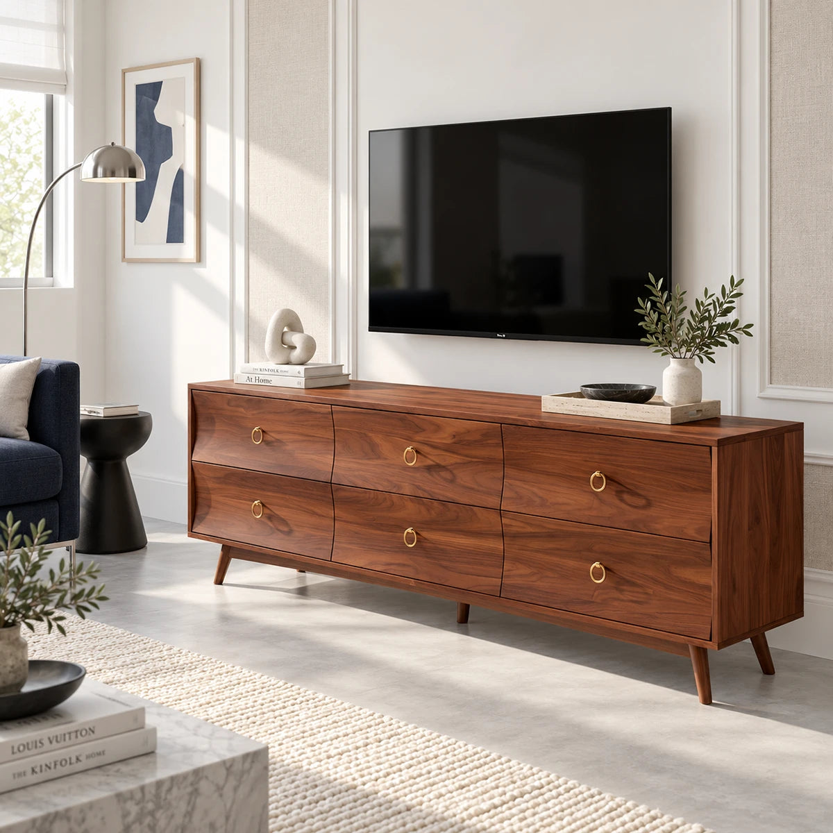 Mid century media console in solid wood with six drawers and brass ring hardware
