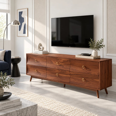 Mid century media console in solid wood with six drawers and brass ring hardware
