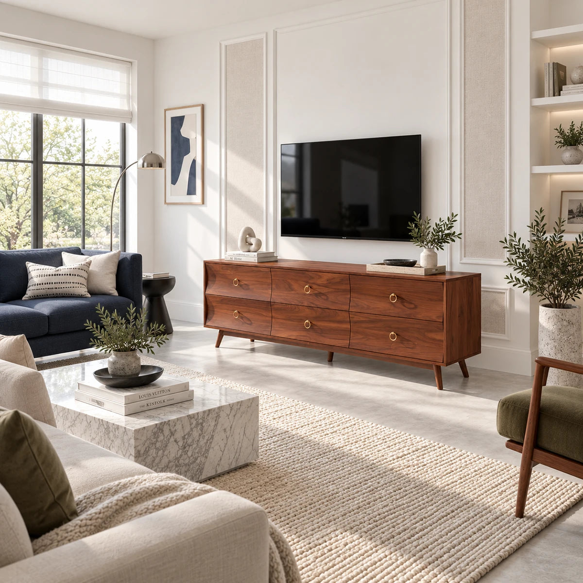 Low profile entertainment center in solid wood with six drawers and ring pull accents
