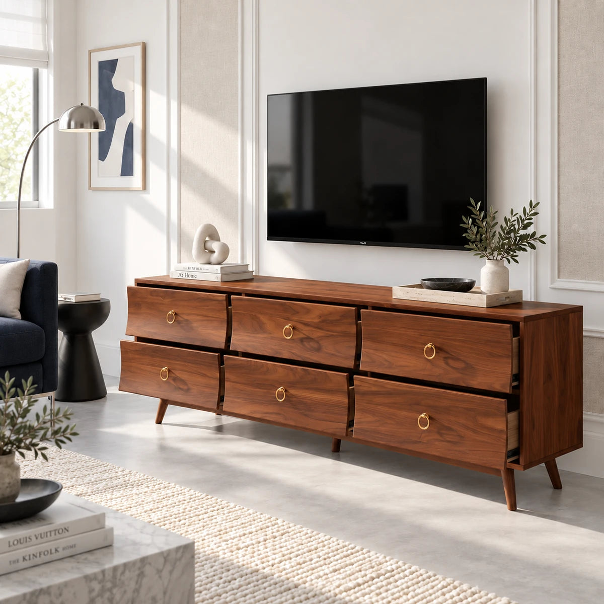 Elegant media stand in solid wood featuring six drawers and brass ring pulls below TV
