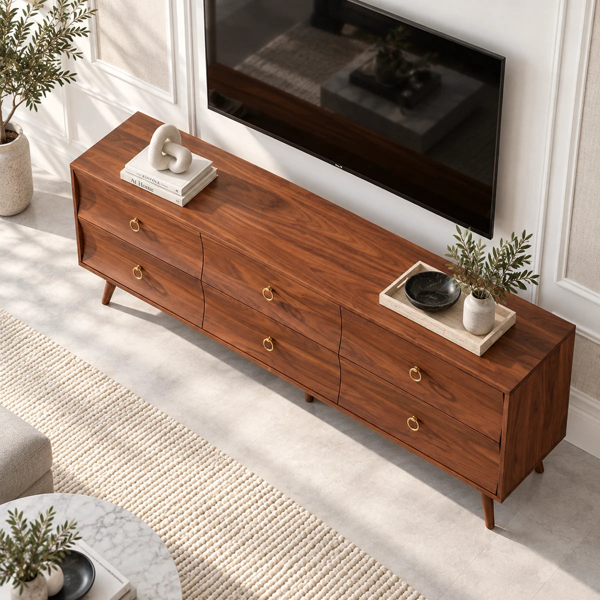 Contemporary entertainment stand in solid wood with six drawers and ample storage
