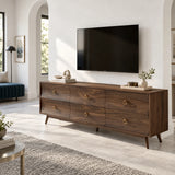 Six drawer TV cabinet in solid wood with brass ring pulls and tapered legs style
