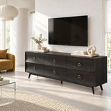 Living room TV stand in solid wood with six drawers and elegant ring pulls below TV
