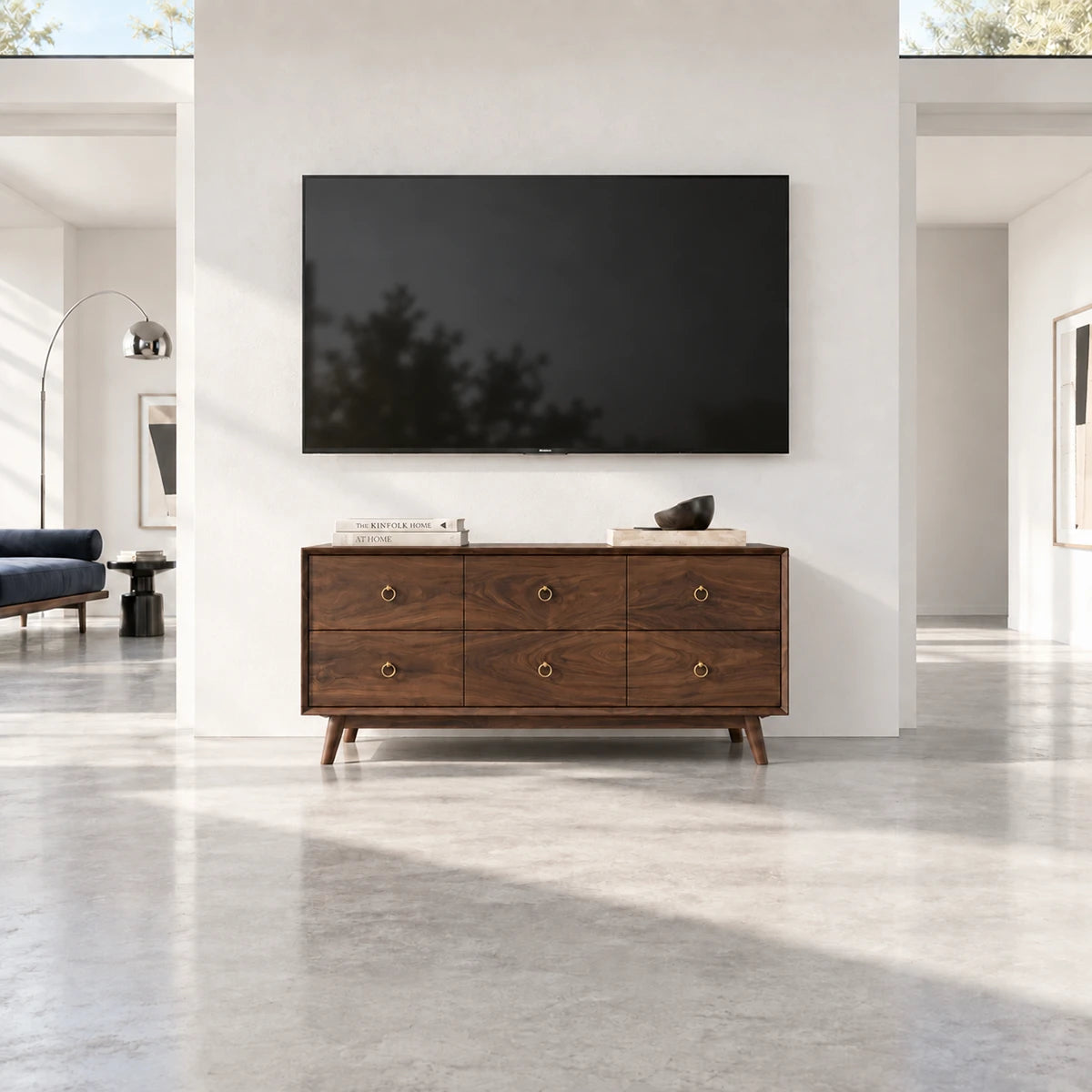 Statement TV console in solid wood with six drawers and a streamlined low profile
