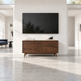 Statement TV console in solid wood with six drawers and a streamlined low profile
