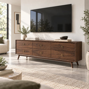 Solid wood TV stand with six drawers, brass ring pulls, and tapered legs for storage
