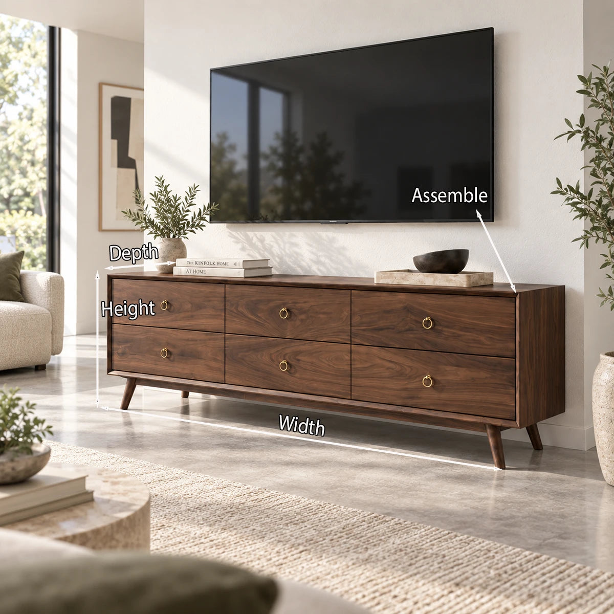 Contemporary entertainment stand in solid wood with six drawers and clean geometry
