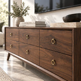 Modern TV console in solid wood with six drawers and elegant brass ring pull accents
