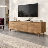 Refined media console in solid wood with six drawers and balanced modern proportions
