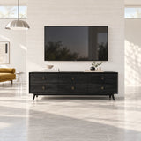 Minimalist TV cabinet in solid wood with ring pulls and spacious drawer organization
