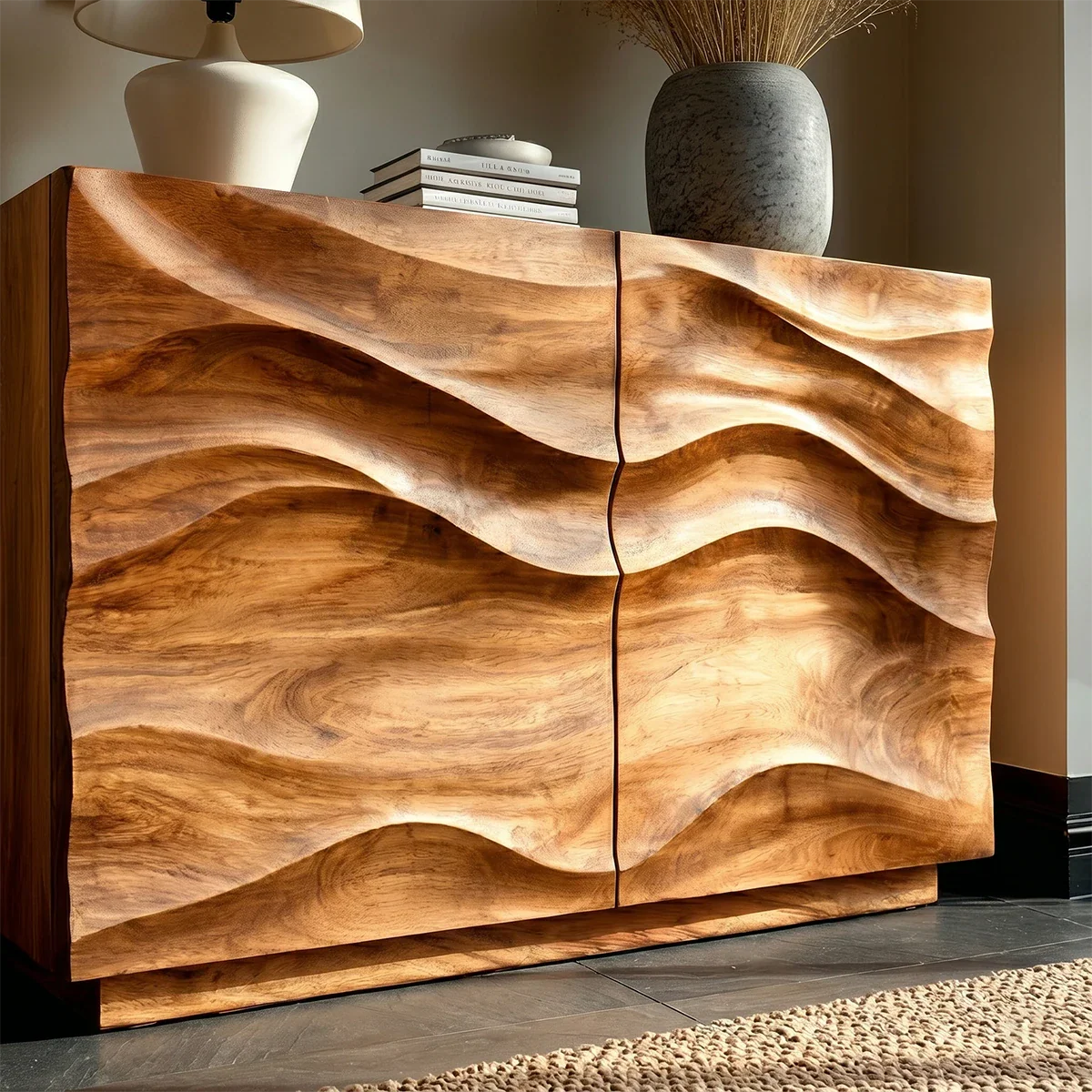 Artistic storage sideboard with dimensional carved fronts and clean interior styling