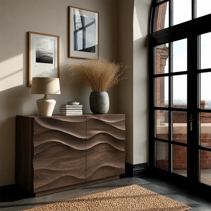 Elegant buffet sideboard with layered carved surfaces and refined storage functionality